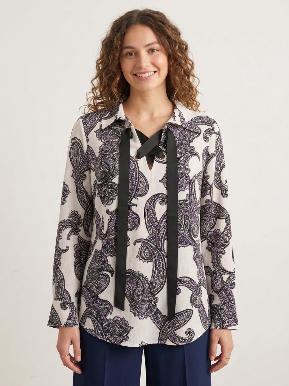 WHBM Paisley Tie-Neck Blouse in Cream Purple and Black size 8 tight front detail